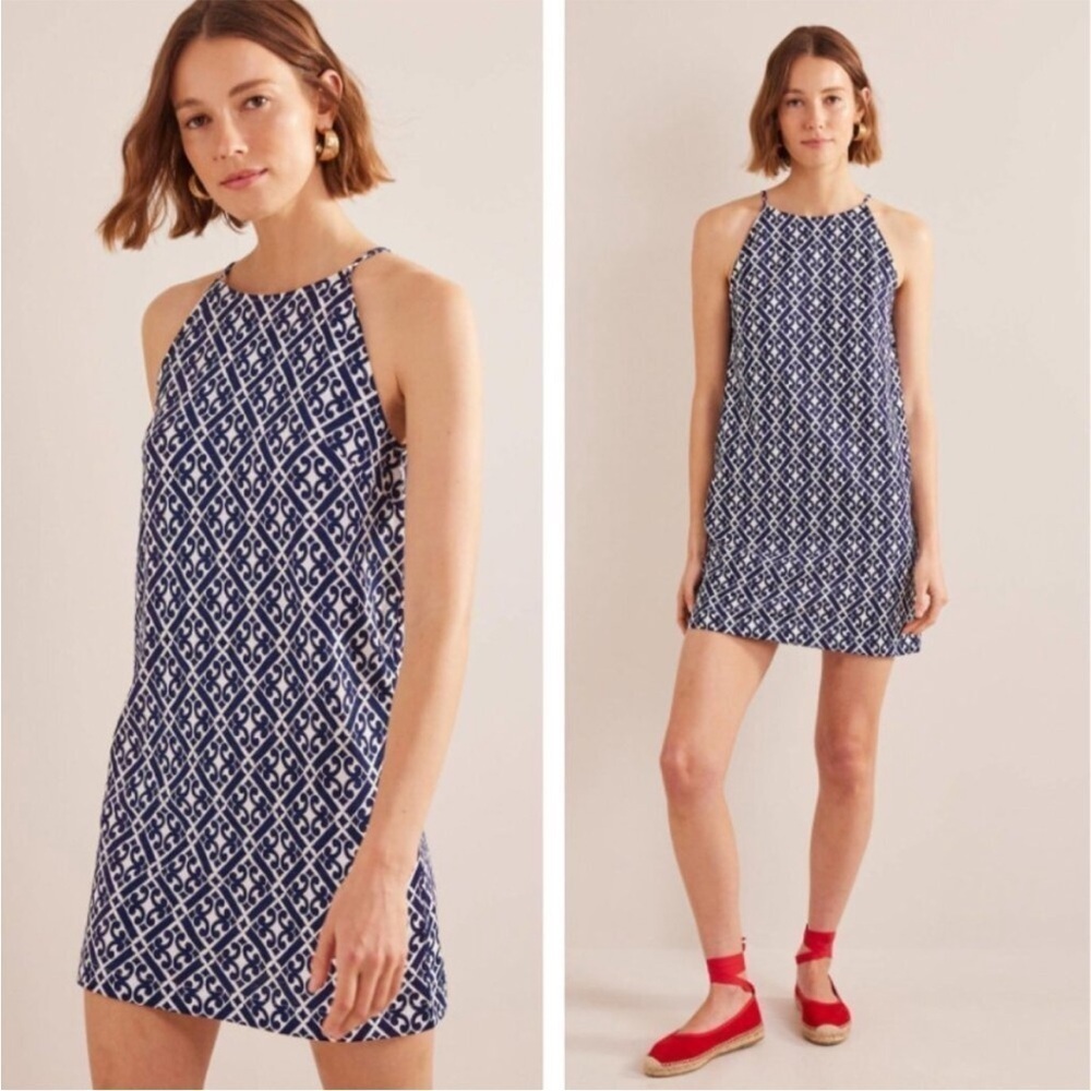 Boden Racer Neck Cotton Jersey Mini Dress Blue Tranquil Geometric Nautical